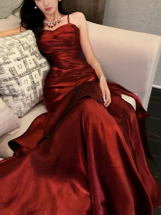 Robe de soirée longue à volants, style chic bordeaux/vert, gh4318