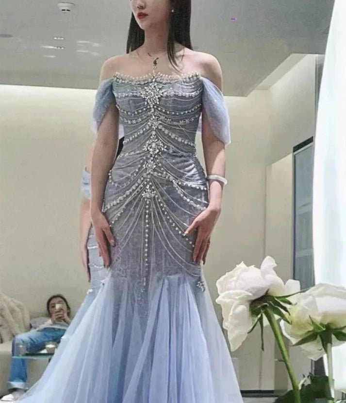 Wunderschönes, glänzendes, schulterfreies, exquisites, mit Perlen verziertes, langes Tüll-Meerjungfrauen-Kleid mit schmalem Fischschwanzrock, Ballkleid, formelles Abendkleid, Hochzeitskleid gh3559