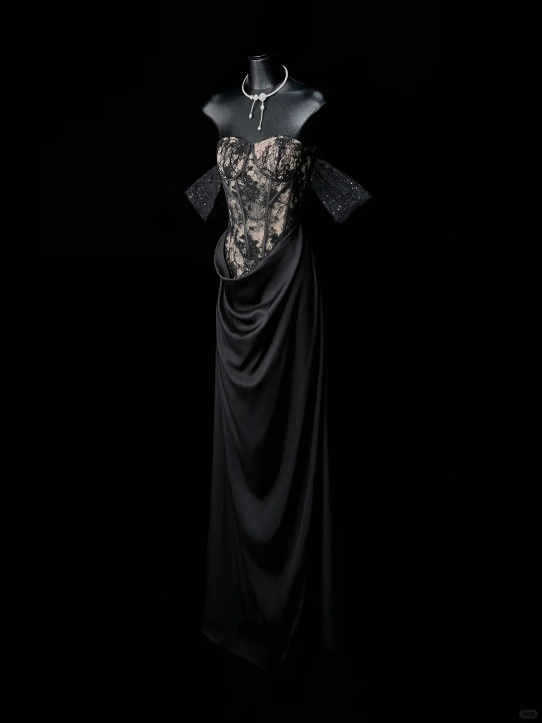 Girlhomeshops-Black Fashion Lace Tight corset Fishbone Skirt Long Satin Prom Dress gh5307