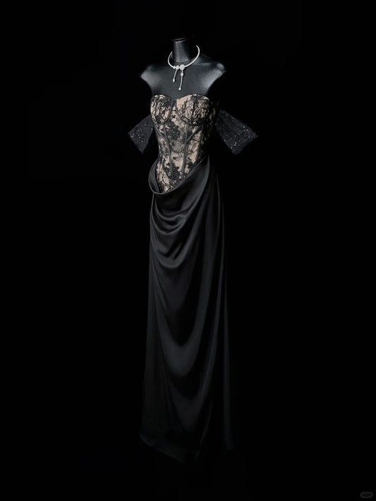 Girlhomeshops-Black Fashion Lace Tight corset Fishbone Skirt Long Satin Prom Dress gh5307