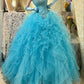 Blue gorgeous beaded long tulle organza ball gown evening dress gh4431
