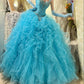 Blue gorgeous beaded long tulle organza ball gown evening dress gh4431