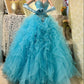 Blue gorgeous beaded long tulle organza ball gown evening dress gh4431