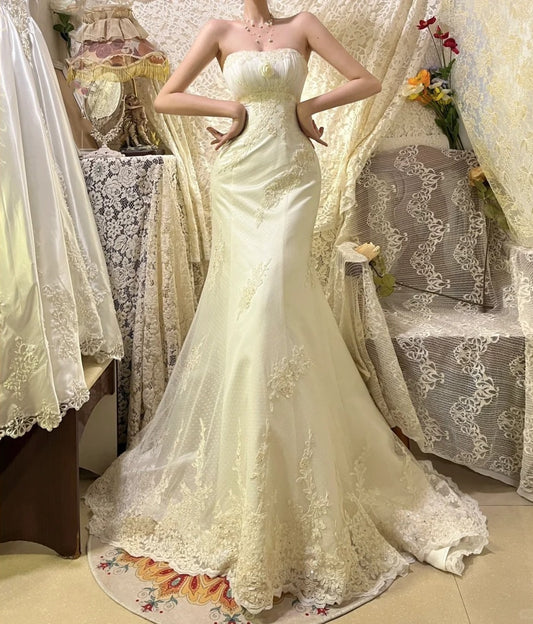 Light Yellow Floral Beaded Long Lace Tulle Ball Gown Evening Dress Party Dress gh4488