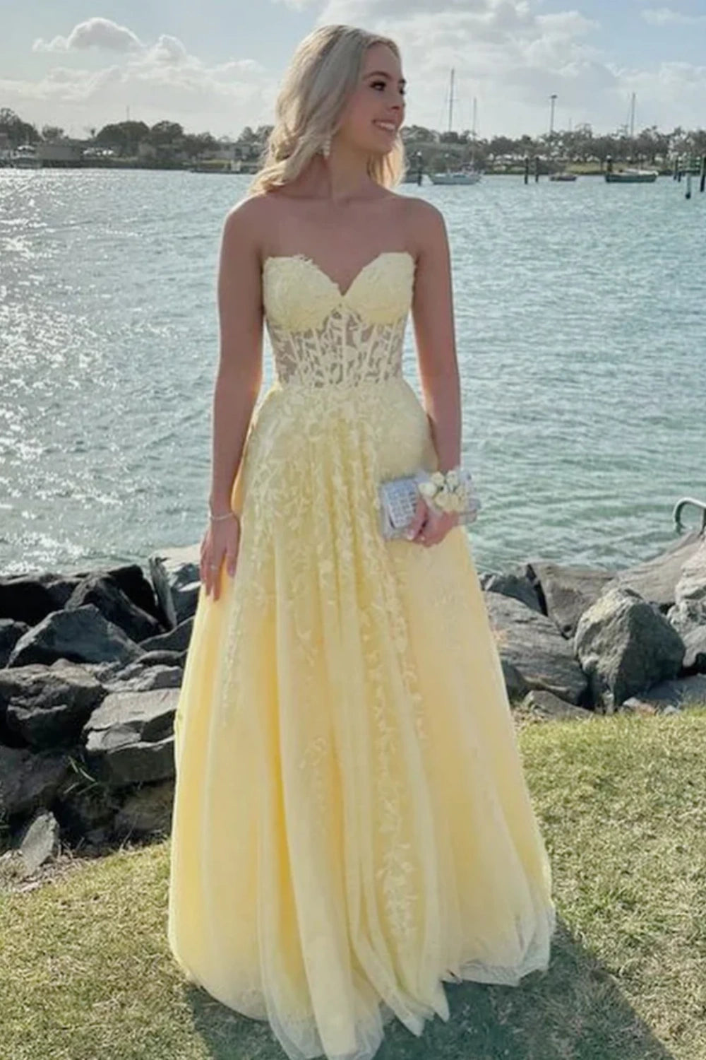 Robe longue en tulle jaune, robe de soirée gh6541