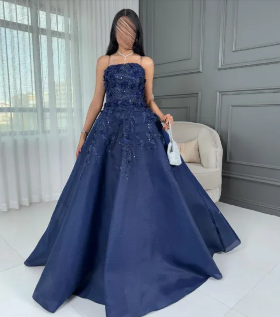 Navy Blue Strapless Ball Gown with 3D Floral Appliques & Beading, Floor-Length Prom Dress for Formal Wedding & Evening Events gh7098