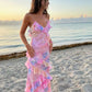 Dreamy elegant spaghetti strap pink layered ruffle maxi dress long chiffon evening gown ball gown gh2905