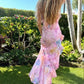 Dreamy elegant spaghetti strap pink layered ruffle maxi dress long chiffon evening gown ball gown gh2905