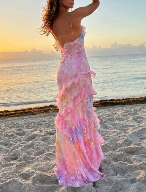 Dreamy elegant spaghetti strap pink layered ruffle maxi dress long chiffon evening gown ball gown gh2905