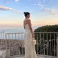 Robe de soirée longue élégante à bretelles spaghetti en tulle ivoire gh3014