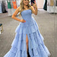Robe de bal longue en tulle sans bretelles avec volants à plusieurs niveaux gh2676