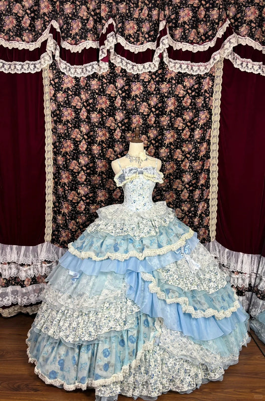 Blaues, florales, süßes, elegantes, langes Ballkleid aus Satin-Tüll gh4769