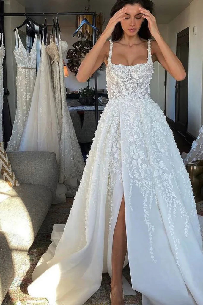 White fantasy square neck slit lace applique long tulle backless bridal gown wedding dress gh2404