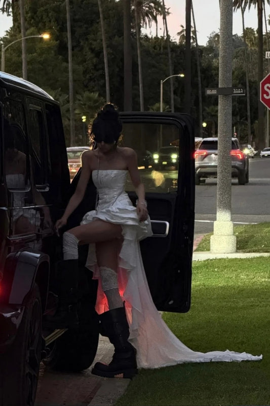 White, Stylish, Pleated, Short, Unique Dress; Cool Girl Birthday Party Dress; Back-To-School Dress. gh7086