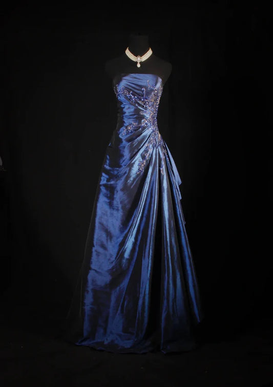 Navy Blue Vintage Elegant Fashion Ball Gown Off Shoulder Long Satin Prom Dress Evening Dress Party Dress gh4246
