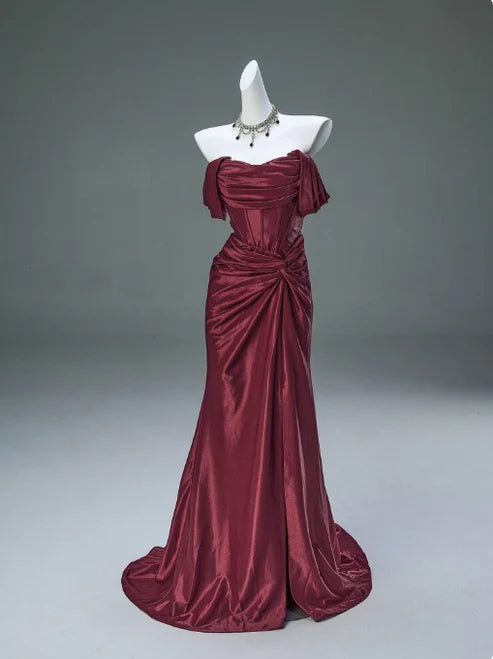 Free custom color and size blue/burgundy elegant off the shoulder pleated satin long formal mermaid ball gown evening dress party dress gh4245
