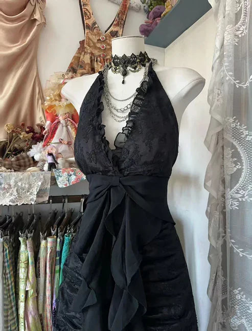 Robe de soirée longue en mousseline de soie et tulle, dos nu, style vintage, noire et rouge, gh4244