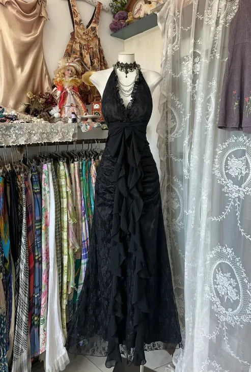 Robe de soirée longue en mousseline de soie et tulle, dos nu, style vintage, noire et rouge, gh4244