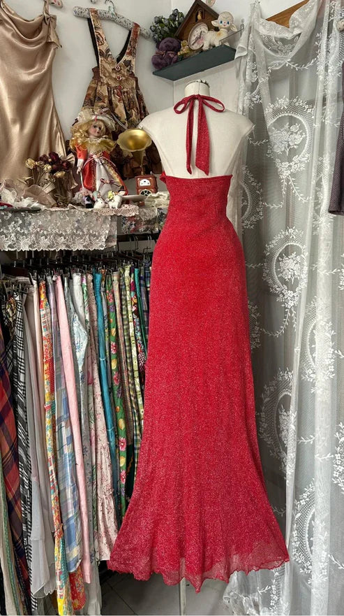 Robe de soirée longue en mousseline de soie et tulle, dos nu, style vintage, noire et rouge, gh4244