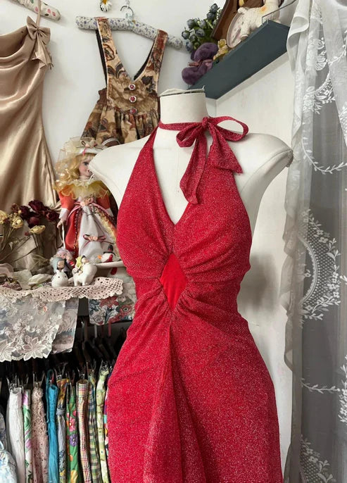 Robe de soirée longue en mousseline de soie et tulle, dos nu, style vintage, noire et rouge, gh4244