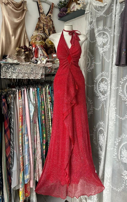 Robe de soirée longue en mousseline de soie et tulle, dos nu, style vintage, noire et rouge, gh4244