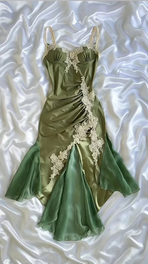 Robe de soirée courte en satin vert olive, élégante, bretelles spaghetti, avec appliques en dentelle, robe de bal, robe de soirée, gh4230
