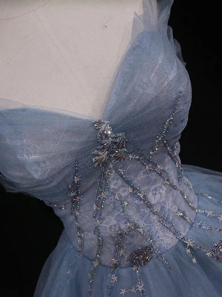 Robe de soirée longue en tulle bleu magnifique et exquise avec perles, robe de bal, robe de remise de diplôme formelle gh3465