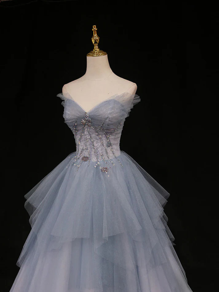 Robe de soirée longue en tulle bleu magnifique et exquise avec perles, robe de bal, robe de remise de diplôme formelle gh3465