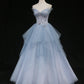 Robe de soirée longue en tulle bleu magnifique et exquise avec perles, robe de bal, robe de remise de diplôme formelle gh3465