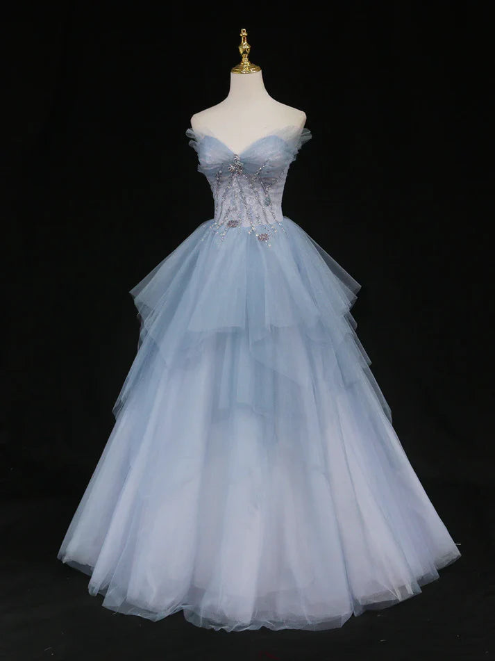 Robe de soirée longue en tulle bleu magnifique et exquise avec perles, robe de bal, robe de remise de diplôme formelle gh3465