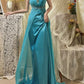 Robe de soirée sirène longue en satin bleu à perles gh4439