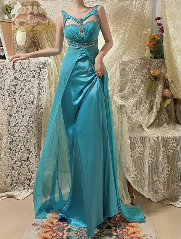 Robe de soirée sirène longue en satin bleu à perles gh4439
