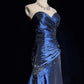 Blaues, elegantes, bodenlanges Ballkleid aus Satin mit exquisiter Perlenstickerei im Vintage-Stil (gh3636)