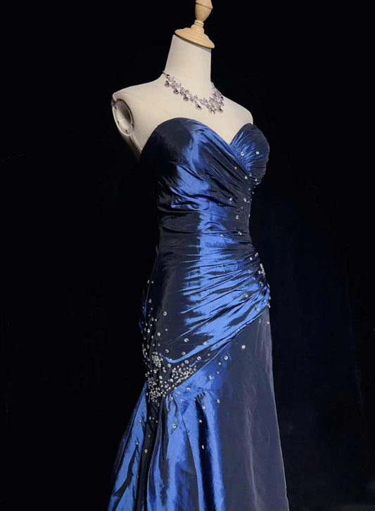 Blaues, elegantes, bodenlanges Ballkleid aus Satin mit exquisiter Perlenstickerei im Vintage-Stil (gh3636)