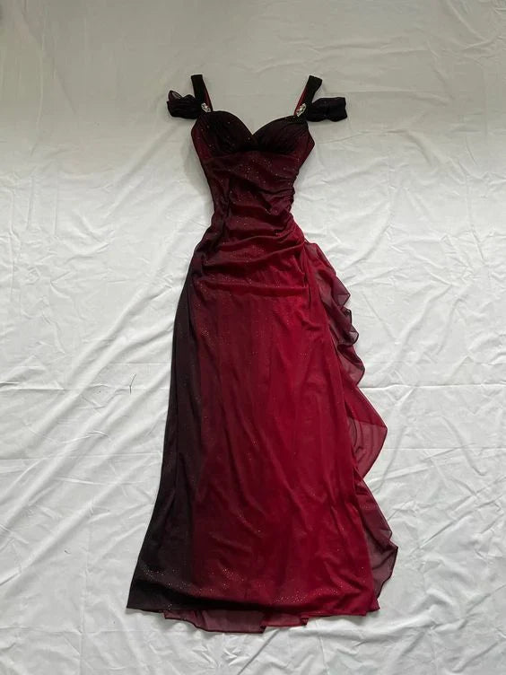 Burgundy Shiny Elegant Off Shoulder Ruffles Fashion Elegant Long Prom Dress Evening Gown Party Dress gh3204