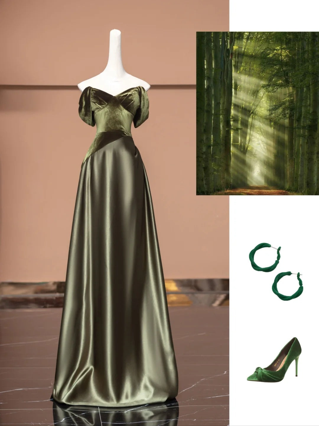 Robe de soirée longue en satin et velours vert, élégante, style rétro, gh4867