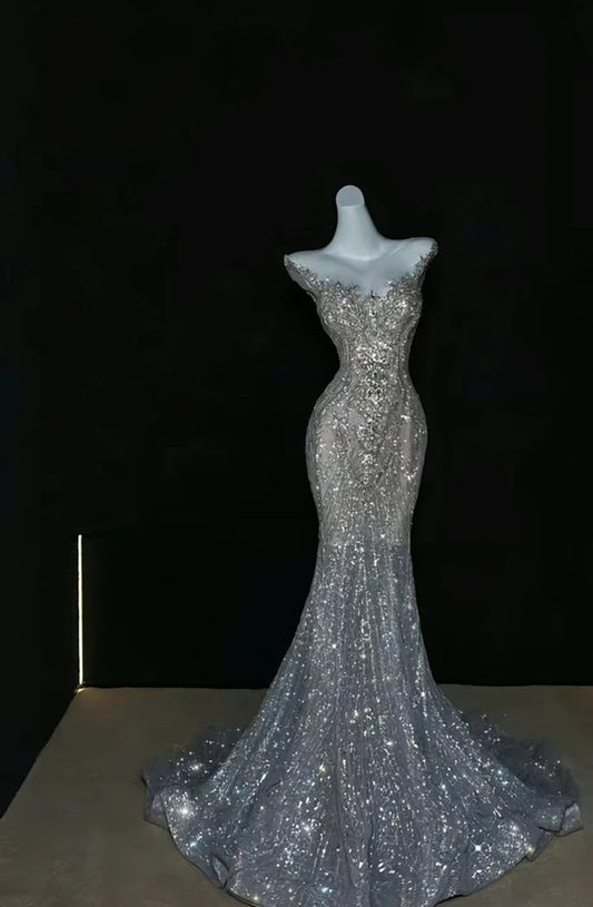 Silver gorgeous shiny fashion long sequin mermaid floor length fishtail dress prom dress, evening dress, party dress gh3522