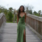 Green/Yellow Fashion Charming Mermaid Spaghetti Straps V Neck Sexy Slit Long Satin Elegant Prom Dress, Evening Dress, Party Dress gh3496