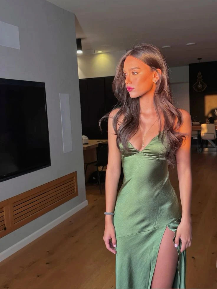 Green/Yellow Fashion Charming Mermaid Spaghetti Straps V Neck Sexy Slit Long Satin Elegant Prom Dress, Evening Dress, Party Dress gh3496
