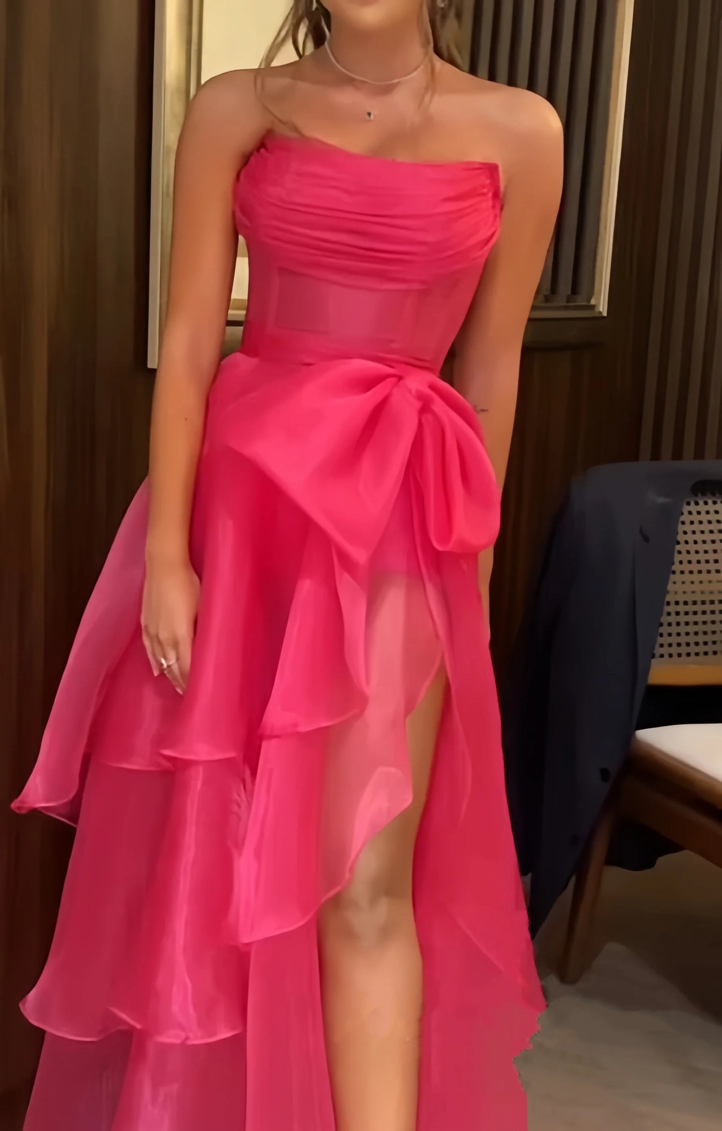 Hot pink sweet elegant bow strapless organza tiered long evening gown formal prom dress party dress gh2830