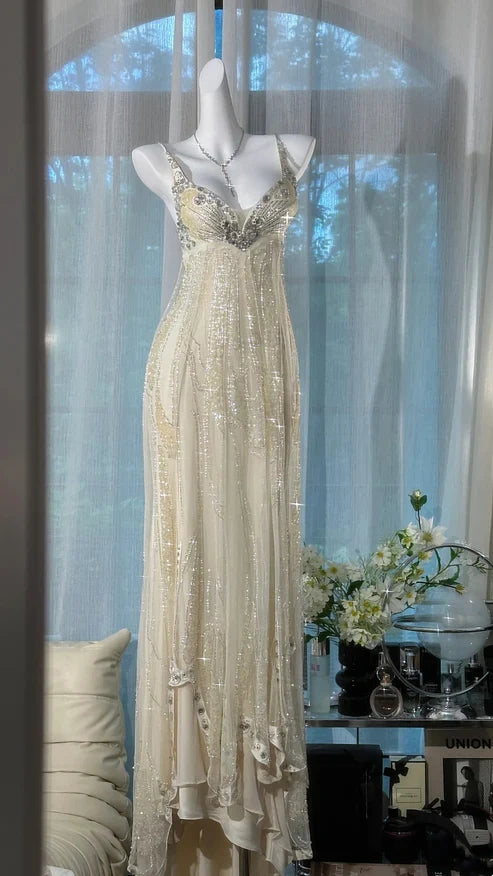 ✨Girlhomeshops-Beige Beaded Exquisite Gorgeous Long Chiffon Prom dress Evening Dress Party Dress gh4986