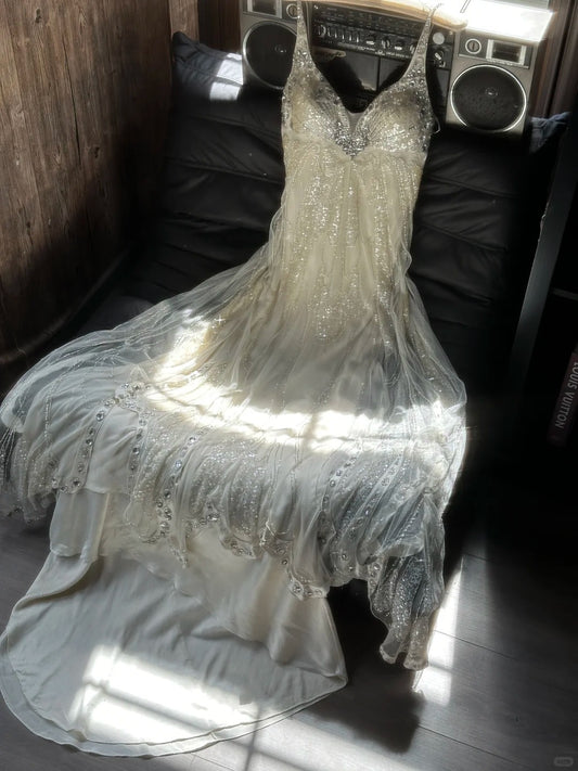 Girlhomeshops - Elfenbeinweißes, mit Perlen besetztes Chiffon-Tüllkleid mit Schmetterlingsperlen, langes Ballkleid, Abendkleid, Geburtstagspartykleid, Feenkleid, gh5168