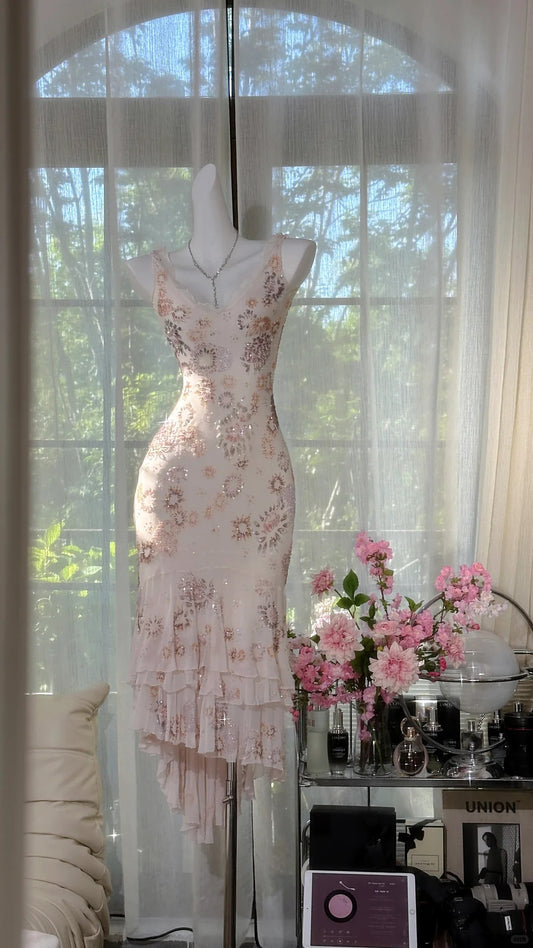 Elfenbeinweißes, geblümtes Vintage-Kleid mit Perlenbesatz aus Chiffon, kurzes Heimkehrkleid, Ballkleid, Abendkleid, Partykleid, gh4821
