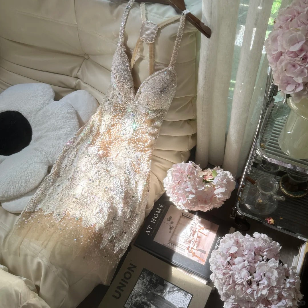 Ivory White Beaded Shiny Sequin Short Chiffon Homecoming Dress Prom Dress Party Dress gh4623
