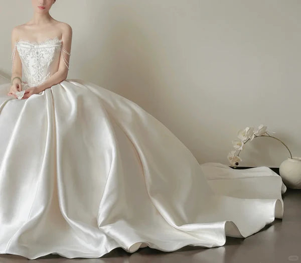 Girlhomeshops-White satin long elegant tulle wedding prom dress gh5435