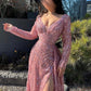 Langärmliges A-Linien-Ballkleid mit Pailletten, glänzendes rosa Abendkleid mit Schlitz gh2751