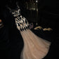 Robe de soirée longue en satin noir champagne avec appliques florales gh4423