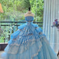 Girlhomeshops-Blau Wunderschöne Elegante Süße Lange Tüll Quinceanera Kleider Ballkleid Abschlussballkleid Prinzessin gh5004