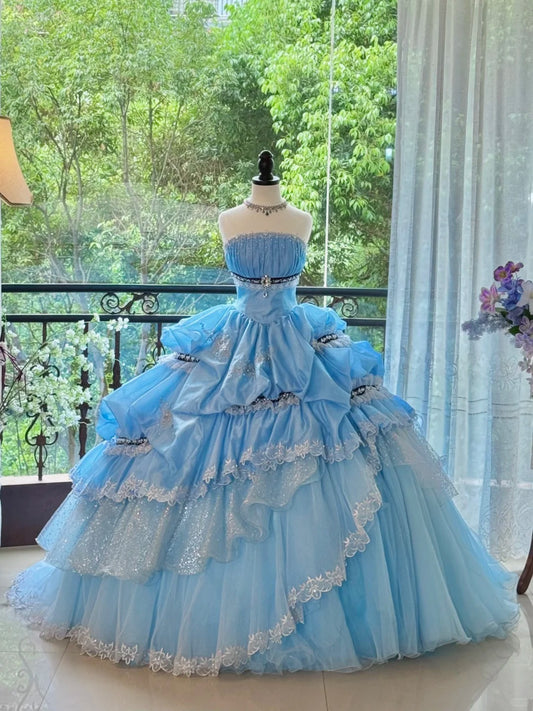 Girlhomeshops-Blau Wunderschöne Elegante Süße Lange Tüll Quinceanera Kleider Ballkleid Abschlussballkleid Prinzessin gh5004