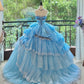 Girlhomeshops-Blau Wunderschöne Elegante Süße Lange Tüll Quinceanera Kleider Ballkleid Abschlussballkleid Prinzessin gh5004